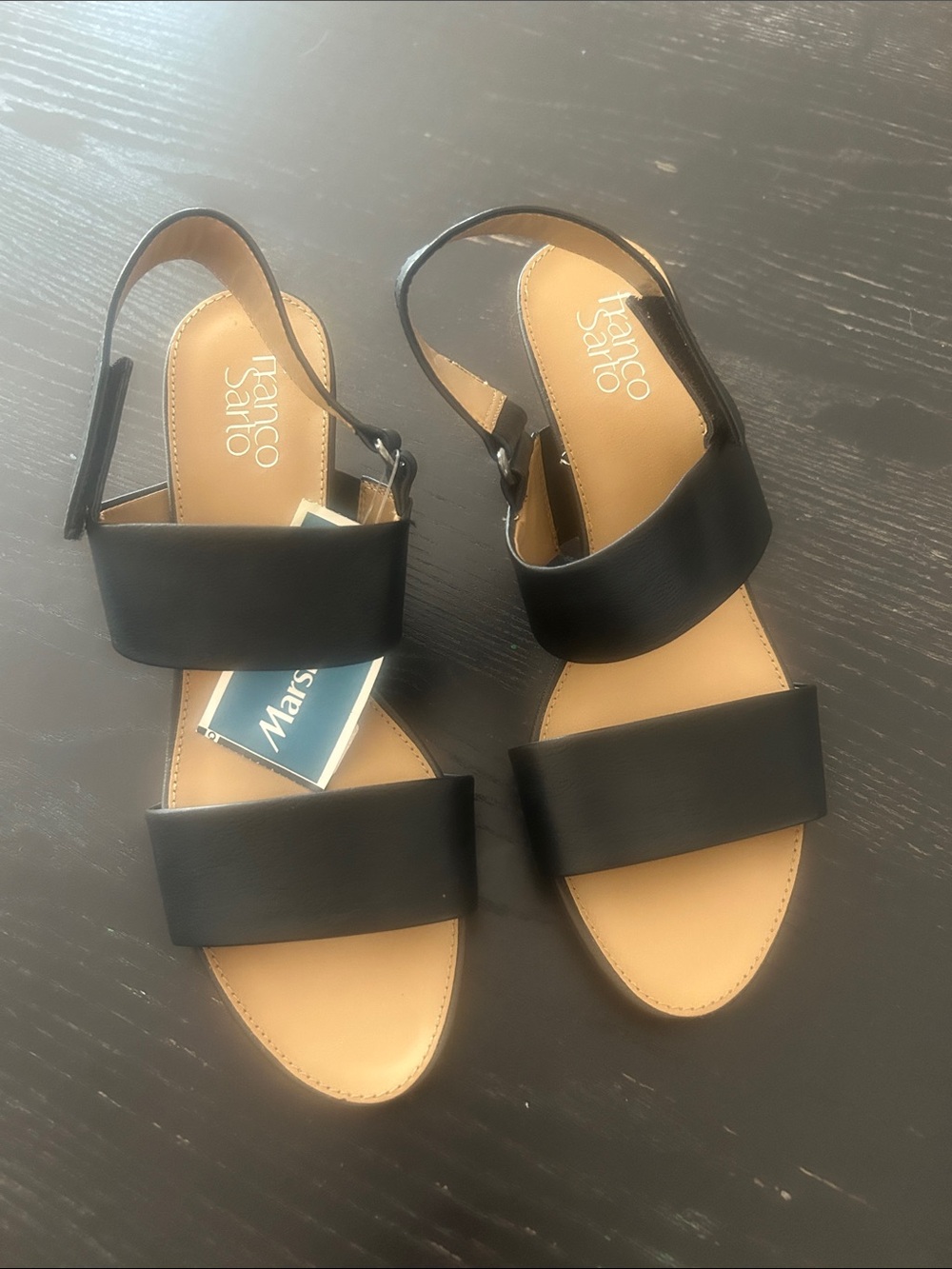 Franco Sarto Black Two-Band Slingback Sandals with Tan Footbed